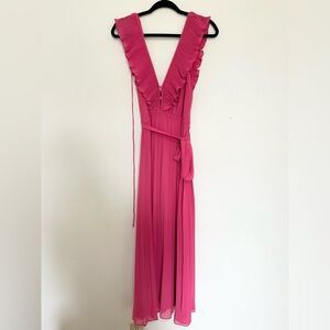 If by sea Midi Dress Ruffle Sleeveless Crewneck Pleated Flowy Belted Dress small